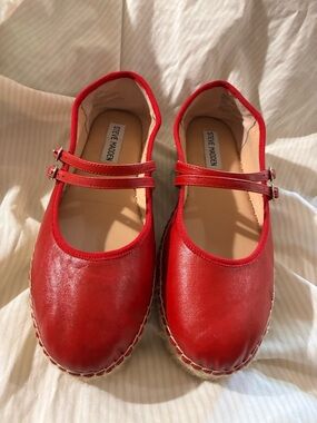 Steve Madden Red Leather Double-Strap Mary Jane Espadrilles Sz 9